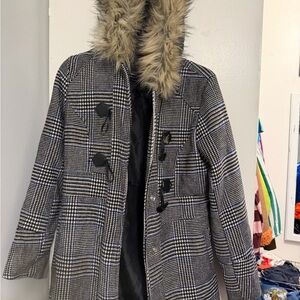 Plaid Coat with Faux Fur Hood